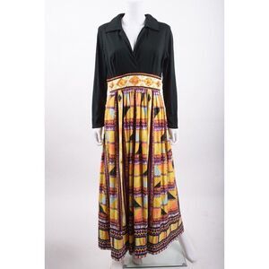 Vintage Womans 70s Maxi Dress Gown Black Multicolor Beaded Colorful Geometric M